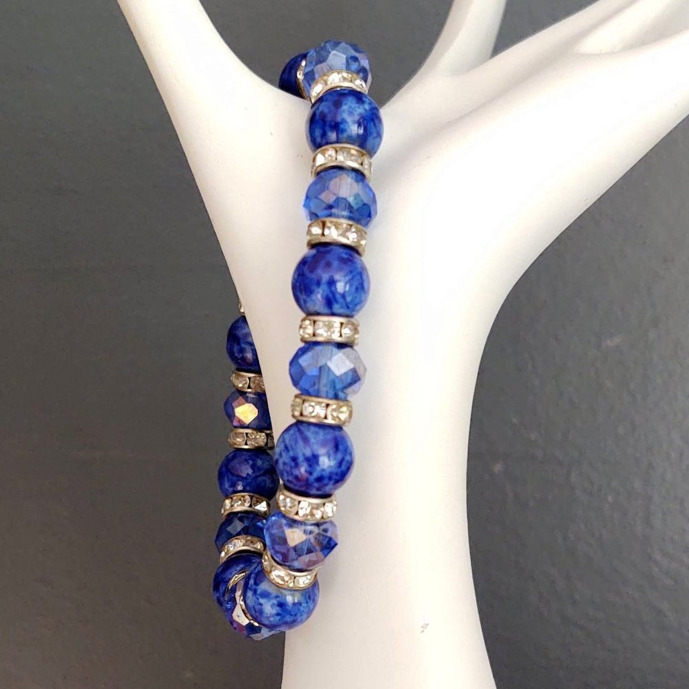 Blue crystal, cz and stone beaded stretch bracelet